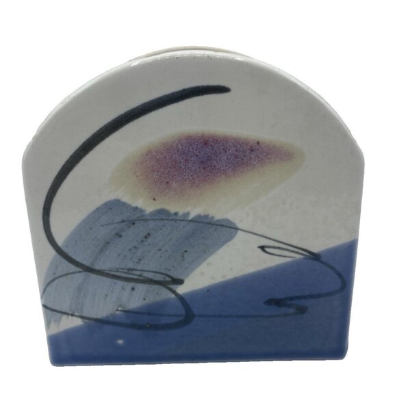 Vintage Handmade Pottery Blue Napkin Holder Coastal Kitchen Decor Seagull - Picture 2 of 10